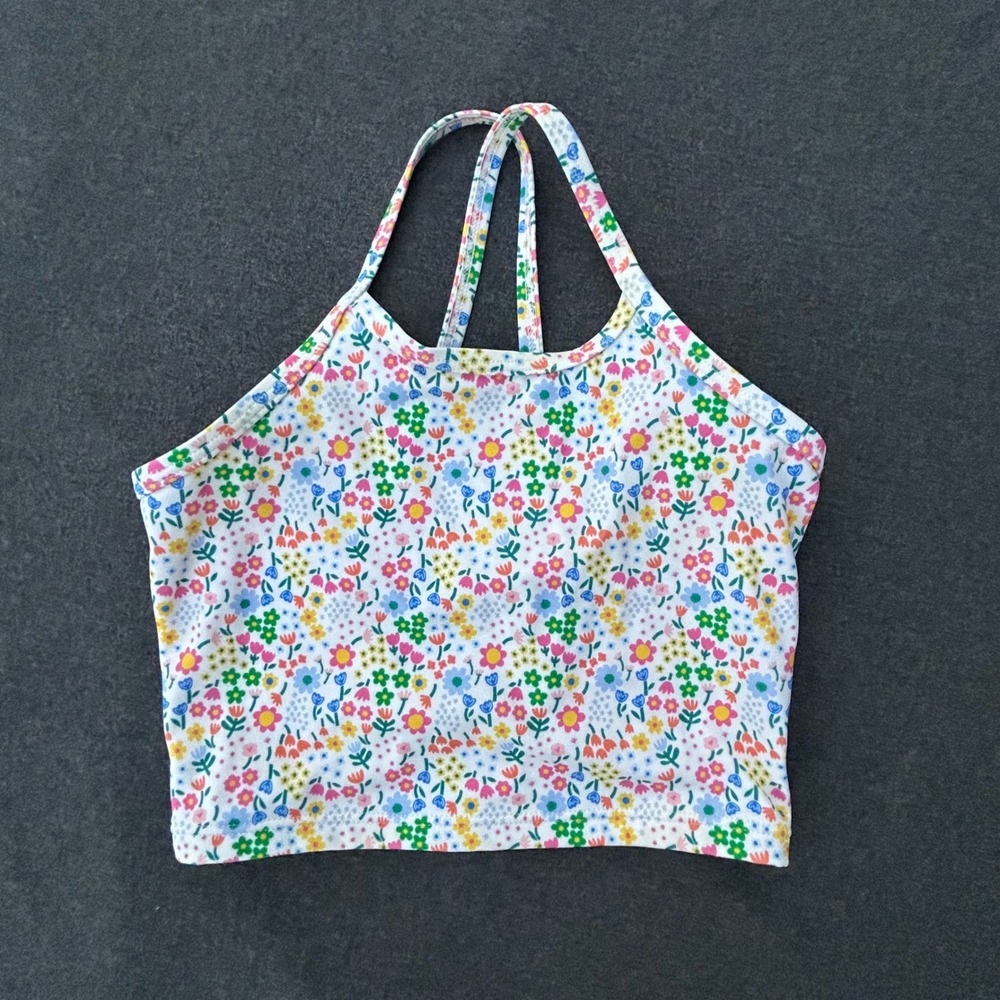 Quince Girls Size 7 Floral Swim Top Bikini Tank Multicolor Criss Cross Back‎